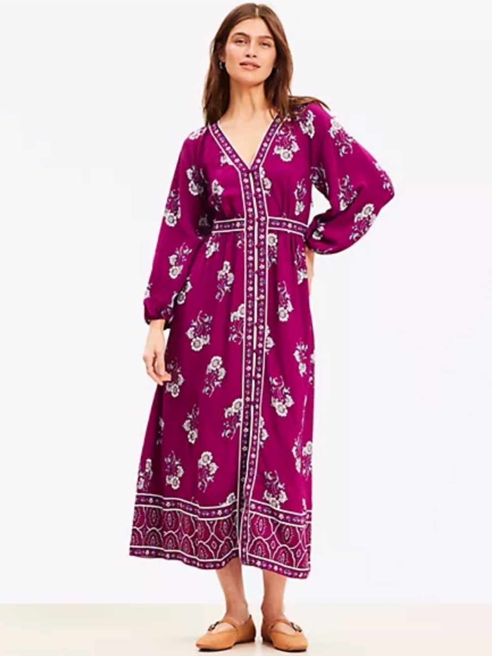 LOFT Floral Puff Sleeve Button Midi Dress Size 10